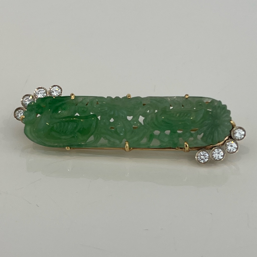 Estate Jade Diamond 14kt Diamond Pin